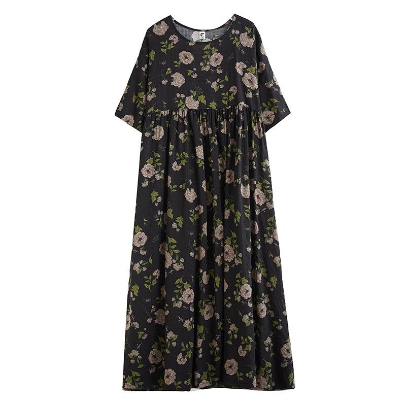 Новое платье из хлопка с короткими рукавами и цветочным принтом, повседневное свободное длинное летнее платье для женщин