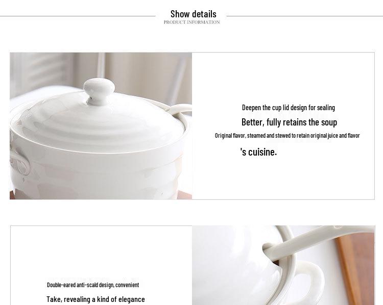 Керамический набор суповых тарелок с двумя ручками и крышкой - Безопасно для микроволновой печи, Включает большую ложку и супницу, Чисто-белый, Креативный дизайн (8 мисок)