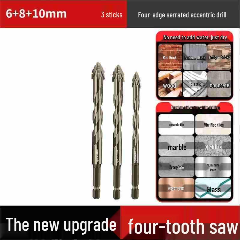 Durable Hexagonal Four-Flute Toothed Drill Bit for Ceramic, Cast Iron & Concrete