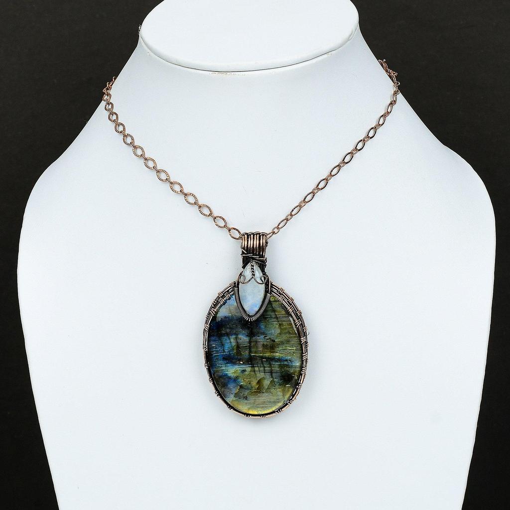 Labradorite Pendant Copper Wire Wrapped Gemstone Pendant Rainbow Moonstone Jewelry Handmade Pendant Gift For Mother Unique Copper Jewelry
