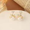 Silver Rhinestone Pearl Bow Earrings for Women