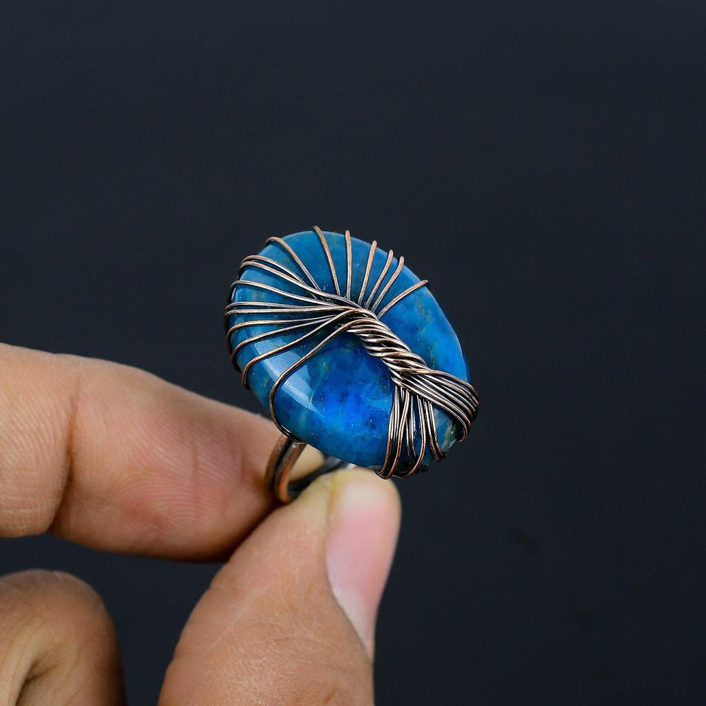 Tree Of Life Neon Blue Apatite Gemstone Copper Wire Wrapped Handmade Jewelry Ring For Her
