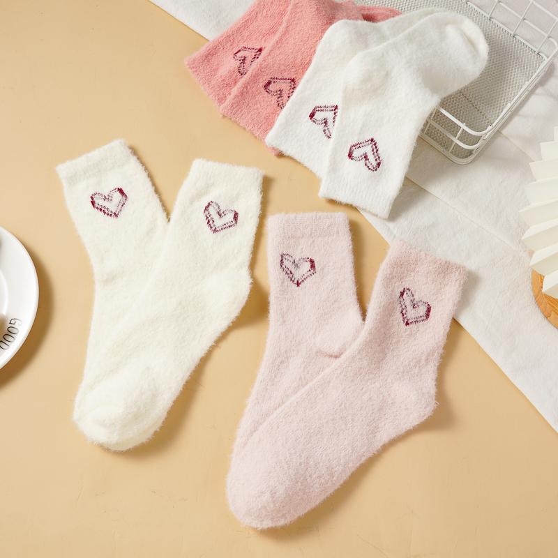 Women's Solid Color Home Socks Autumn and Winter Mid Calf Thickened Warm Mink Velvet Pile Socks