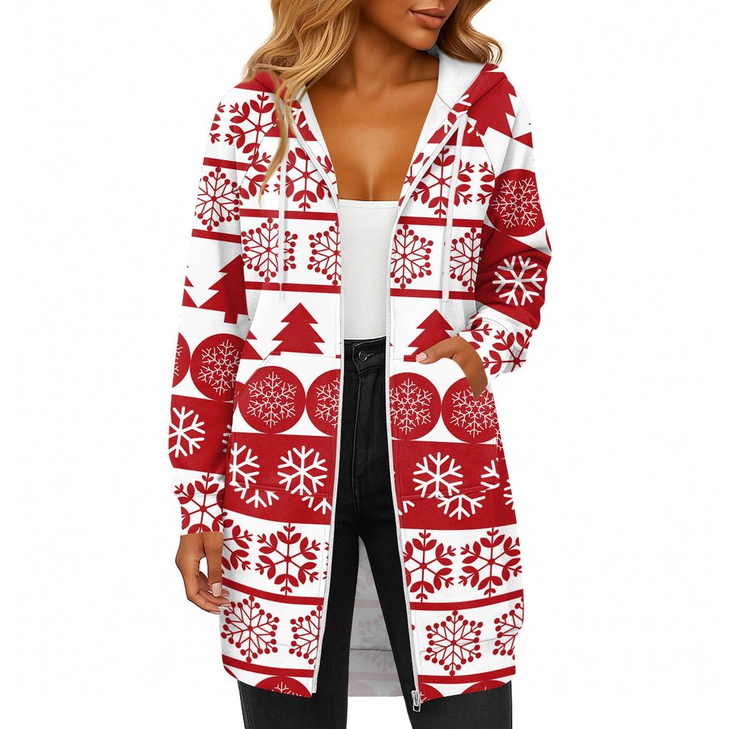 Женская модная рождественская толстовка с длинными рукавами, капюшоном на кулиске, карманом на молнии, длинная, повседневная