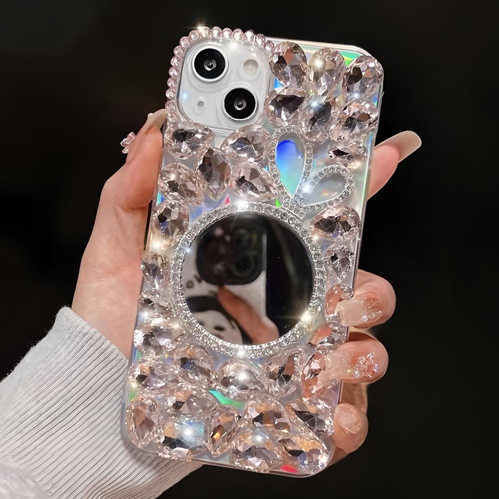 Glitter Crystal Rhinestone Phone Case with Mirror, Clear Bling Floral Cover For XiaoMi Poco C75 C65 C71 C55 C61 4G 5G