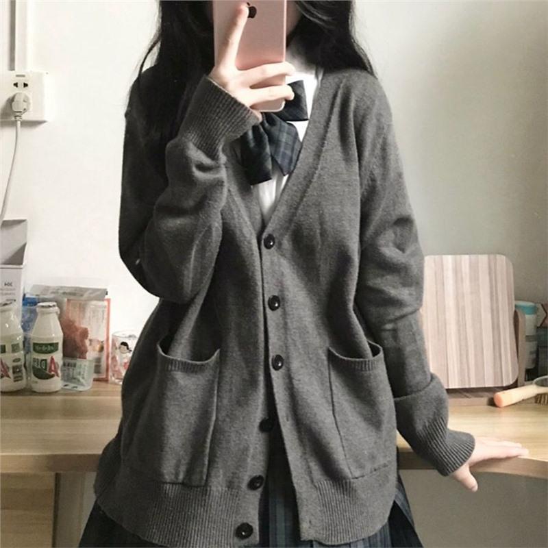 Весенне-осенний трикотажный свитер JK однотонный с V-образным вырезом, кардиган-топ для JK-униформы, женский хлопковый свитер