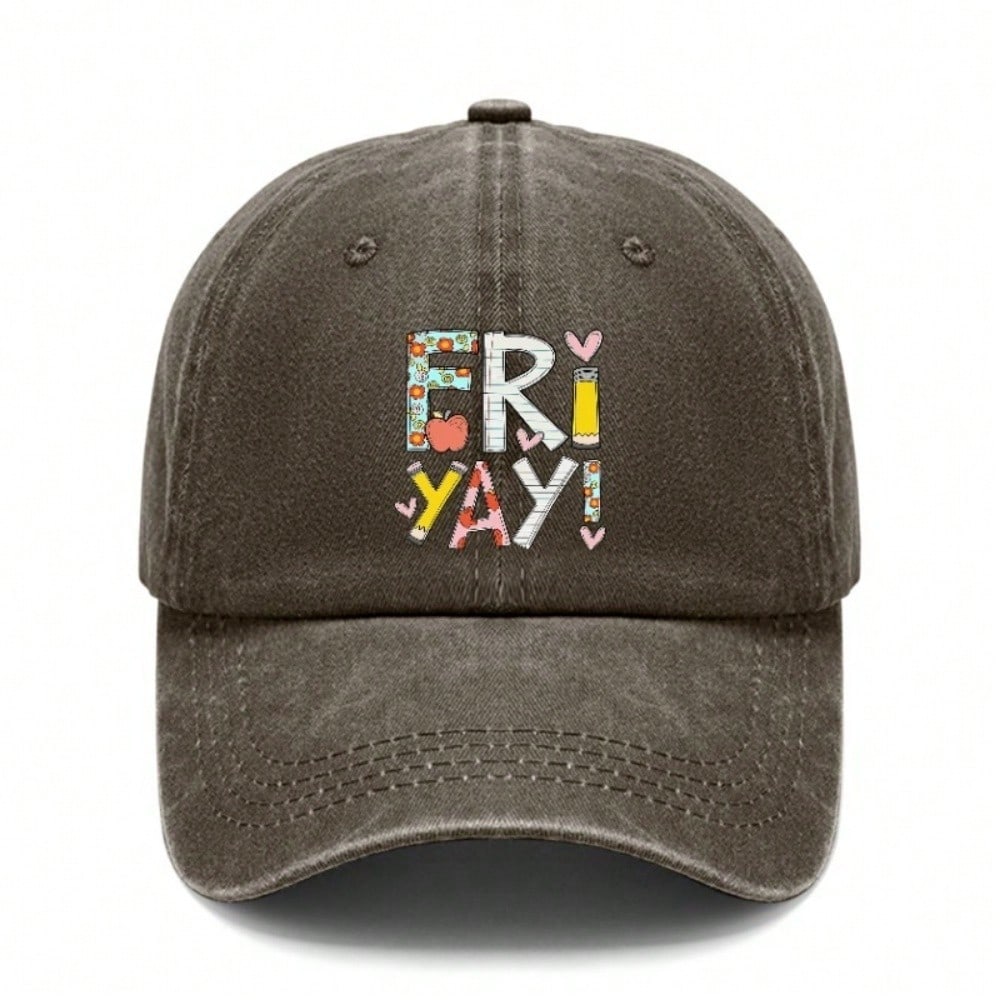 Baseball Cap Unisex \"FRiYAY!\" Print Dark Grey Washed Adjustable Curved Brim Hat Soft Fabric Casual Outdoor Sports