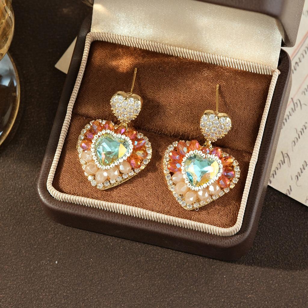 Light Luxury Heavy Industry Crystal Love Earrings High Sense Handmade Ethnic Style Silver Needle Earrings Luxury Retro Niche Earrings
