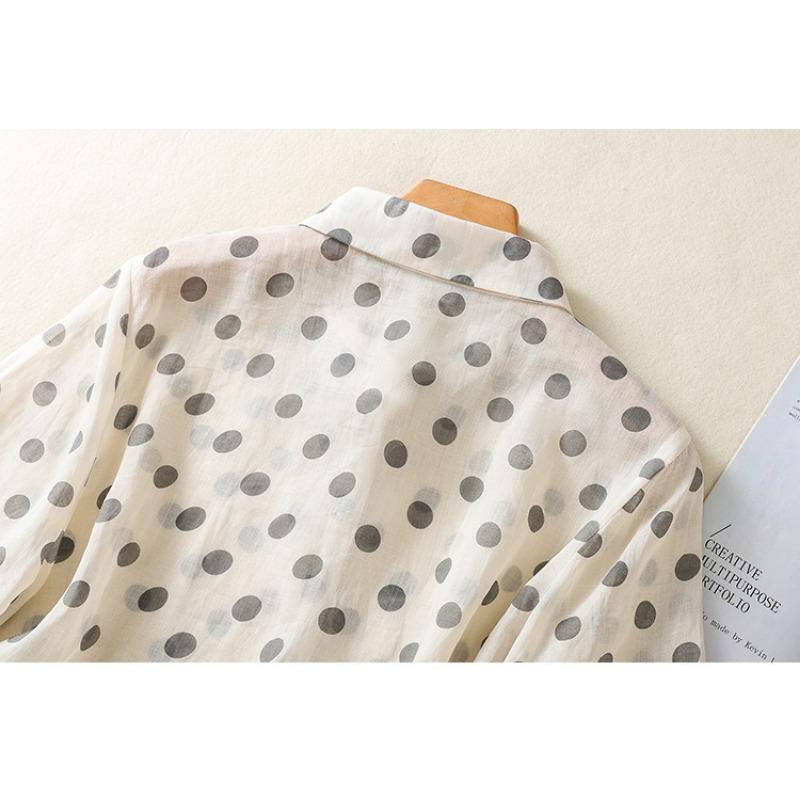 Летняя рубашка в горошек из хлопка и льна с принтом, кардиган с короткими рукавами и лацканами, рубашка, топ для женщин, блузки и рубашки