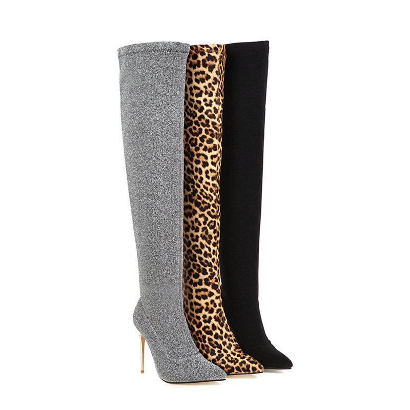 Женские сапоги на высоком каблуке, сексуальные сапоги в европейском и американском стиле, на тонком каблуке с острым носком и леопардовым принтом, большие размеры, эластичные сапоги
