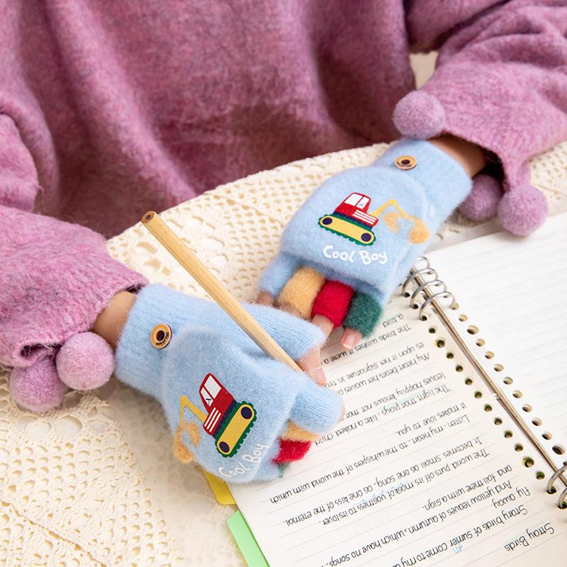 Мультяшные зимние перчатки для мальчика, милые экскаваторные толстые теплые детские варежки с полупальцами, ветрозащитные детские перчатки для отдыха на природе