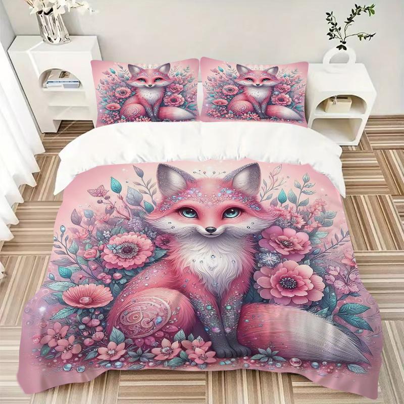 3pcs Fox & Pink Flower Bedding Set - Includes Quilt Cover and Pillowcases, Suitable for All Seasons, Machine Washable - Ideal Gift for Famil