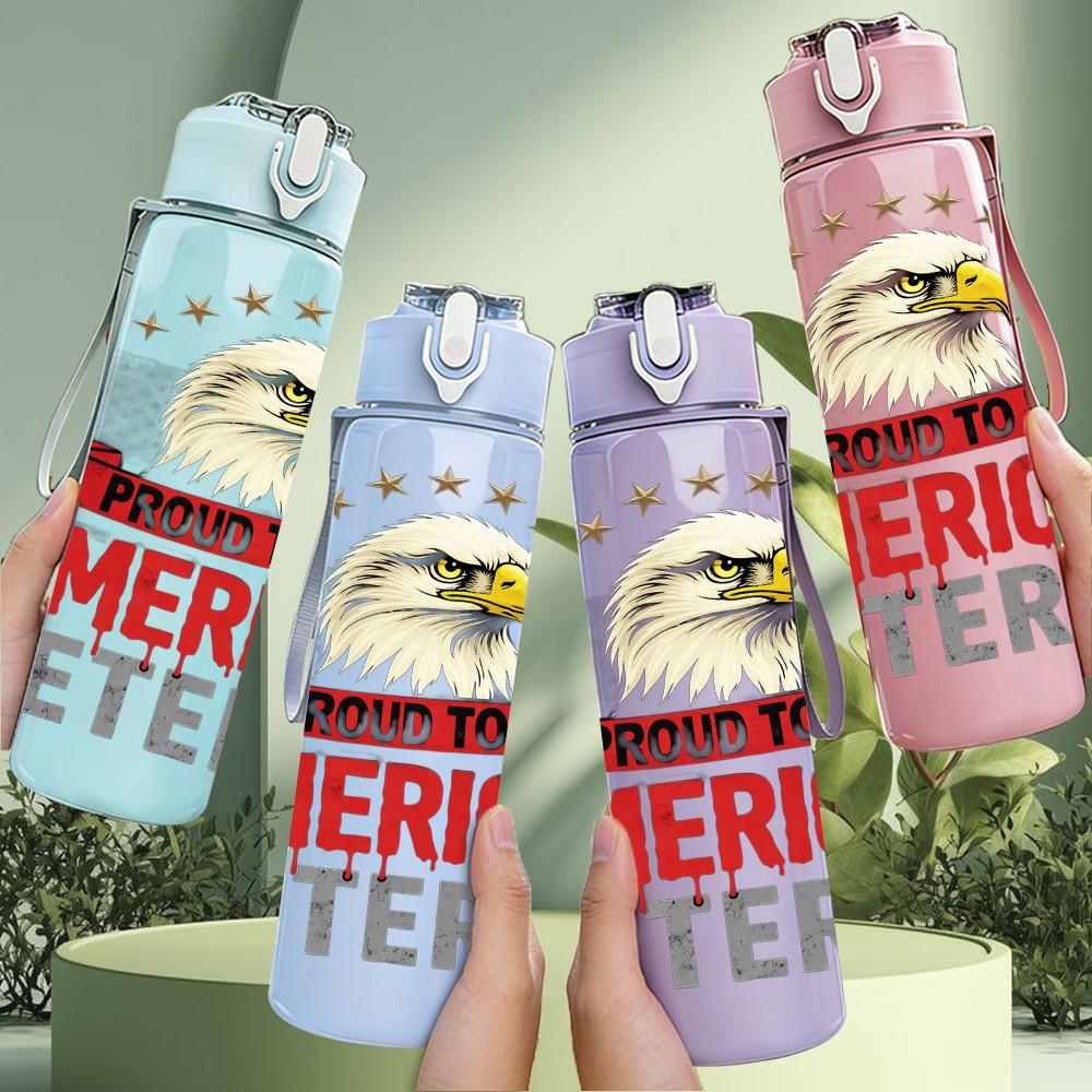 1PC American Veteran Eagle Flag Print 750ml Color Plastic Sports Water Bottle Leakproof Flip Straw Lid Suitable for Sports Office Home Use