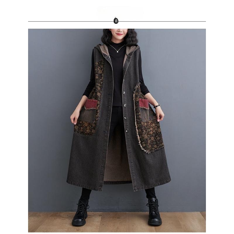 Hooded Long Denim Vest Coat Women's Slim Denim Jacket Retro Style Loose Casual Large Patchwork Pocket Design New Fashion Autumn