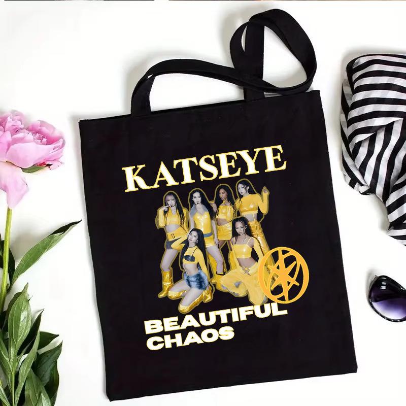 Katseye Kpop Merch Canvas Tote Bag Shoulder Handbag Shopping Bag Large Capacity Eco Friendly Fan Gift White