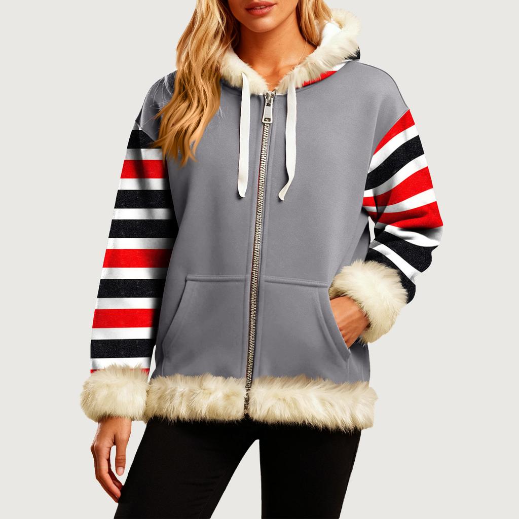 Женская Удобная Свободная Модная Повседневная Толстовка-Куртка с Длинным Рукавом, Карманами и Капюшоном с Полосатым Принтом