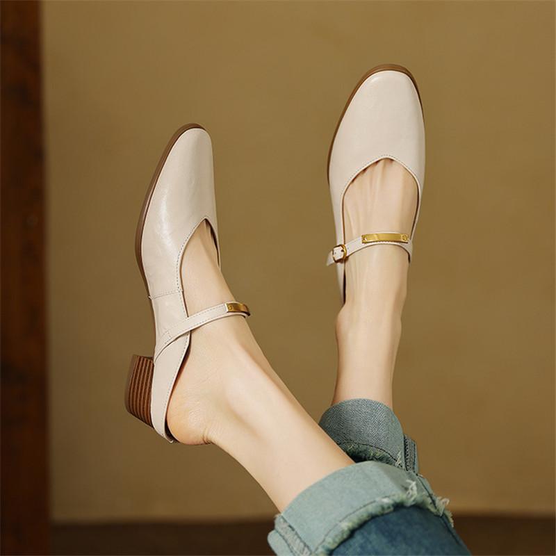 Fashion New Summer Slippers Summer Shoes Round Toe Mules Low Heels Sandals for Women Handmade Genuine Leather Sandals Ladies Shoes