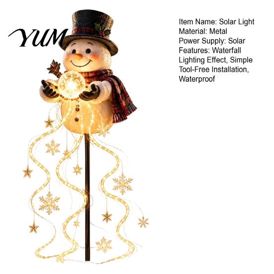Decorative Hanging String Lights Solar Snowman Garden Light with Flowing Snowflakes, LED Christmas Waterfall Waterproof Lighting Star, Weatherproof