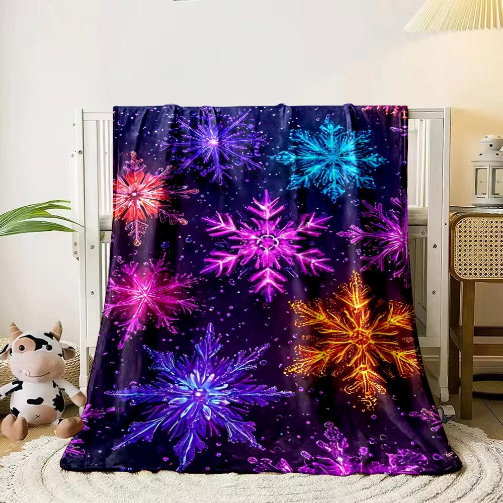 Colorful, glowing snowflakes in various shapes on a dark background. for all seasons blanket lunch break throw gift