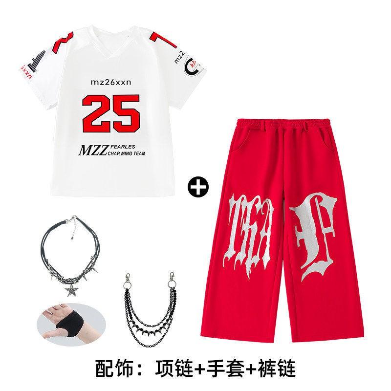 Kids Hip Hop Dance Outfit Set - White Short Sleeve Top Red Pants Boys Girls Stage Performance