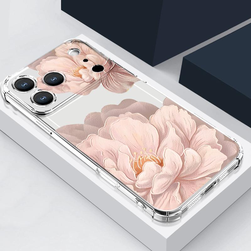 Чехол с цветочным узором из пионов для iPhone 17 Pro Max Coque iPhone 16 15 14 13 Pro Max 11 Ударопрочный прозрачный мягкий силиконовый чехол