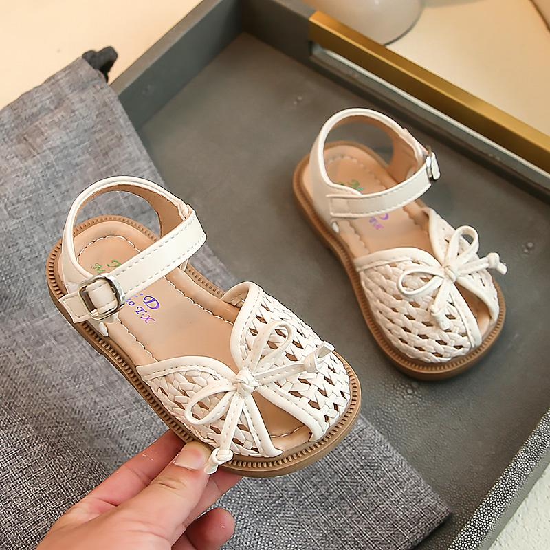 Kids Weave Sandals for Girls 2025 Summer Non-slip Sole Toddler Beach Shoes with Cute Bow Princess Elegant Party Shoes 1-3years