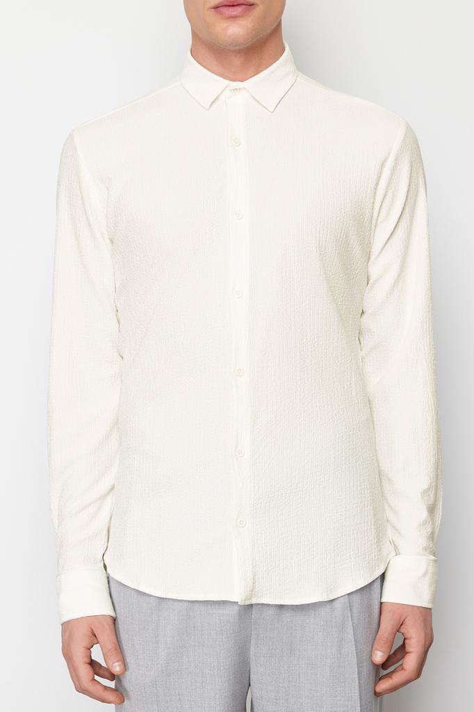 Мужская модная новая рубашка цвета экрю, приталенная текстурированная трикотажная рубашка с длинным рукавом