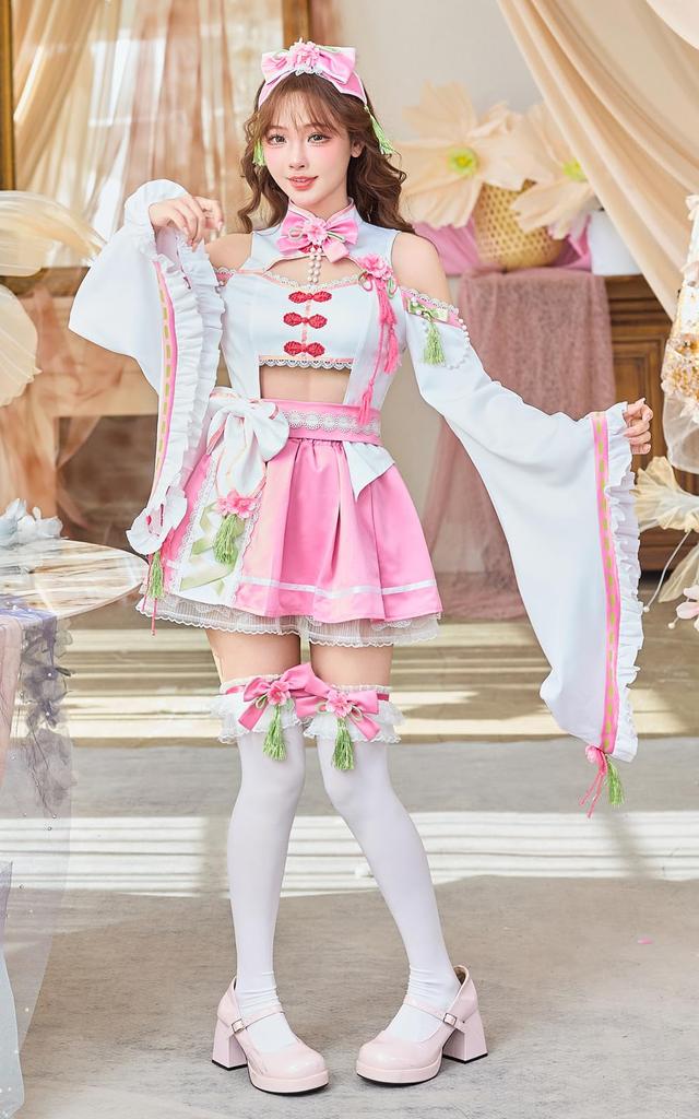 Косплей Фестиваль Хинамацури Куклы Розовый Белый Лента Расклешенные Рукава Костюм Маскировка Мари Мун 8 Предметов Набор s10227 x [Malymoon] Куклы (Белый розовый)