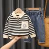 Весна-осень Комплект из двух предметов для мальчиков Одежда в полоску Детская длинная толстовка с капюшоном Джинсы Комплект из двух предметов Повседневный детский костюм