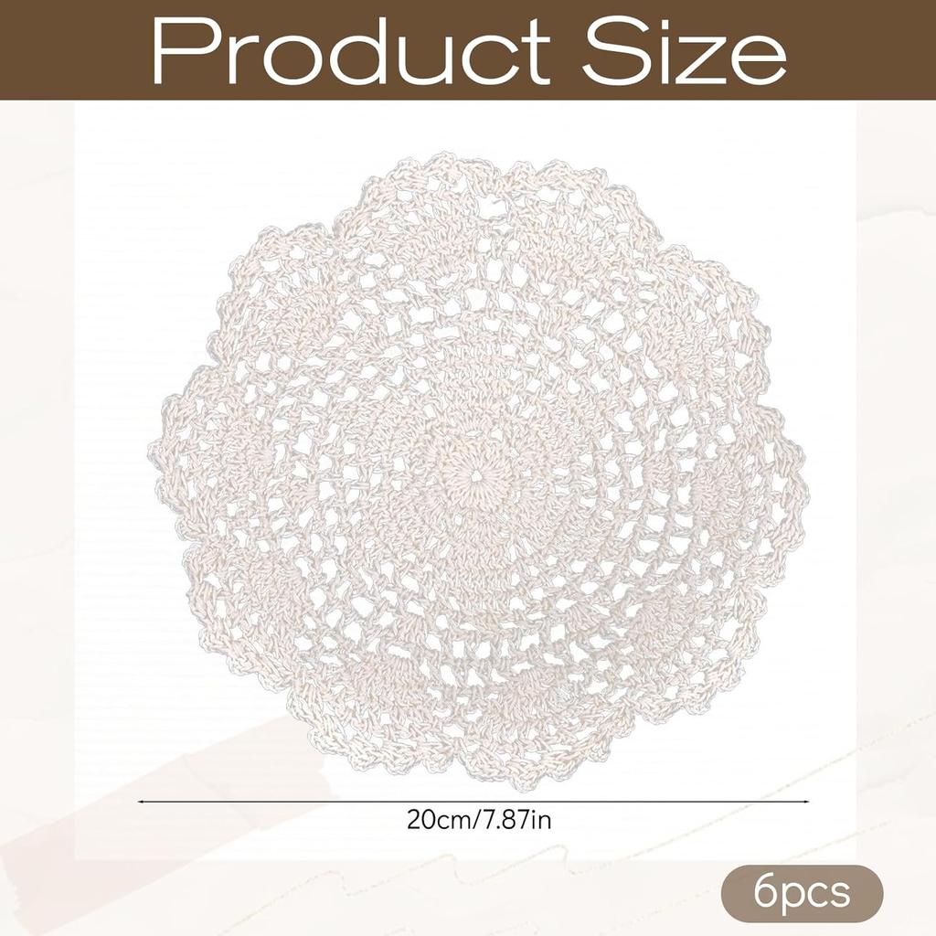6 Pcs 8 Inch Beige Crochet Doilies, Round Cotton Lace Handmade Placemats & Coasters for Rustic Table Decor, Kitchen Dining Wedding Party