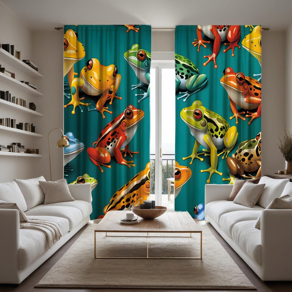 2pcs HD Cute Cartoon Frog Decorative Curtain Green Tie Digital Printed Curtain Home Decoration Style Decoration Living Room B