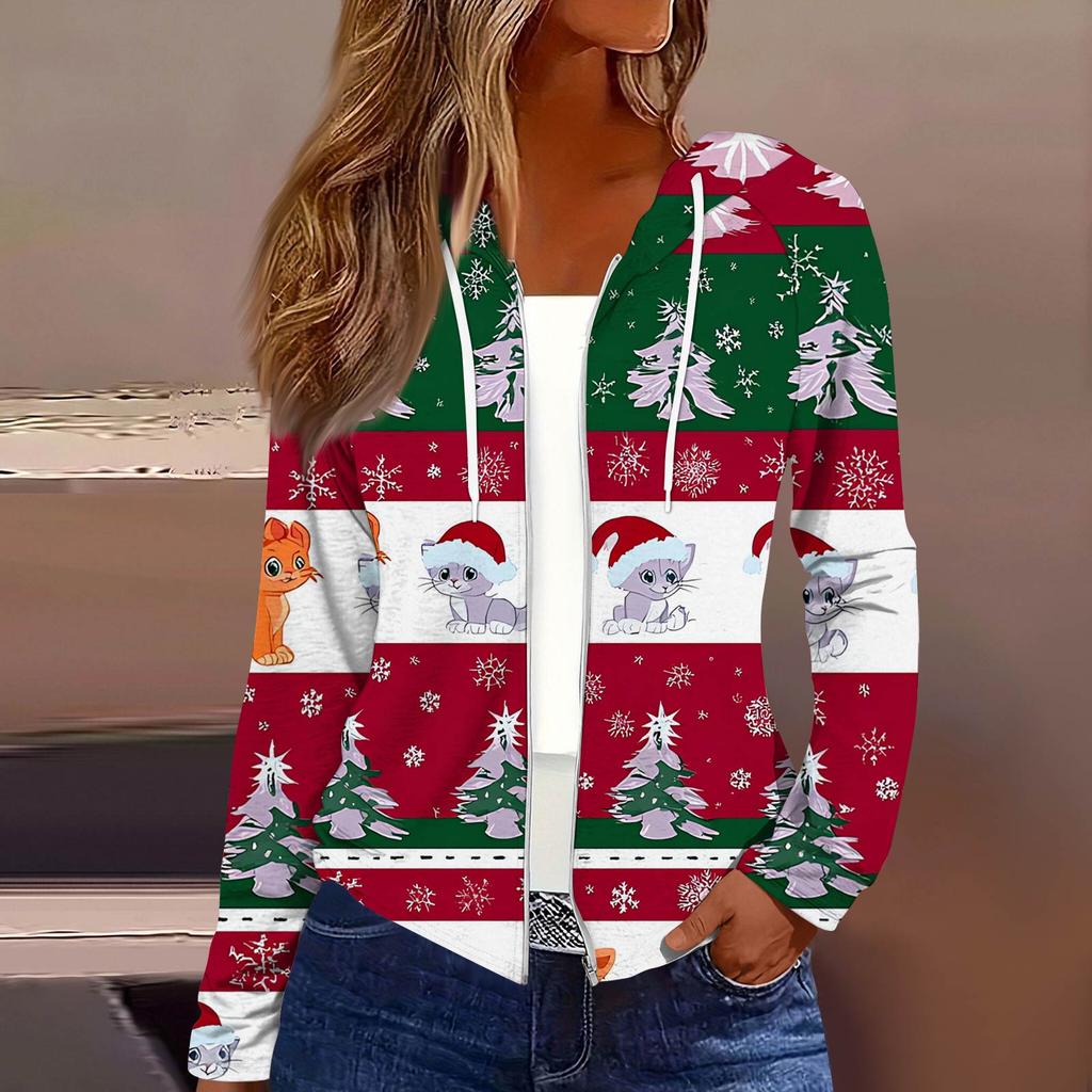 Women's Fashion Christmas Print Casual Zip-Up Long-Sleeved Hooded Jacket