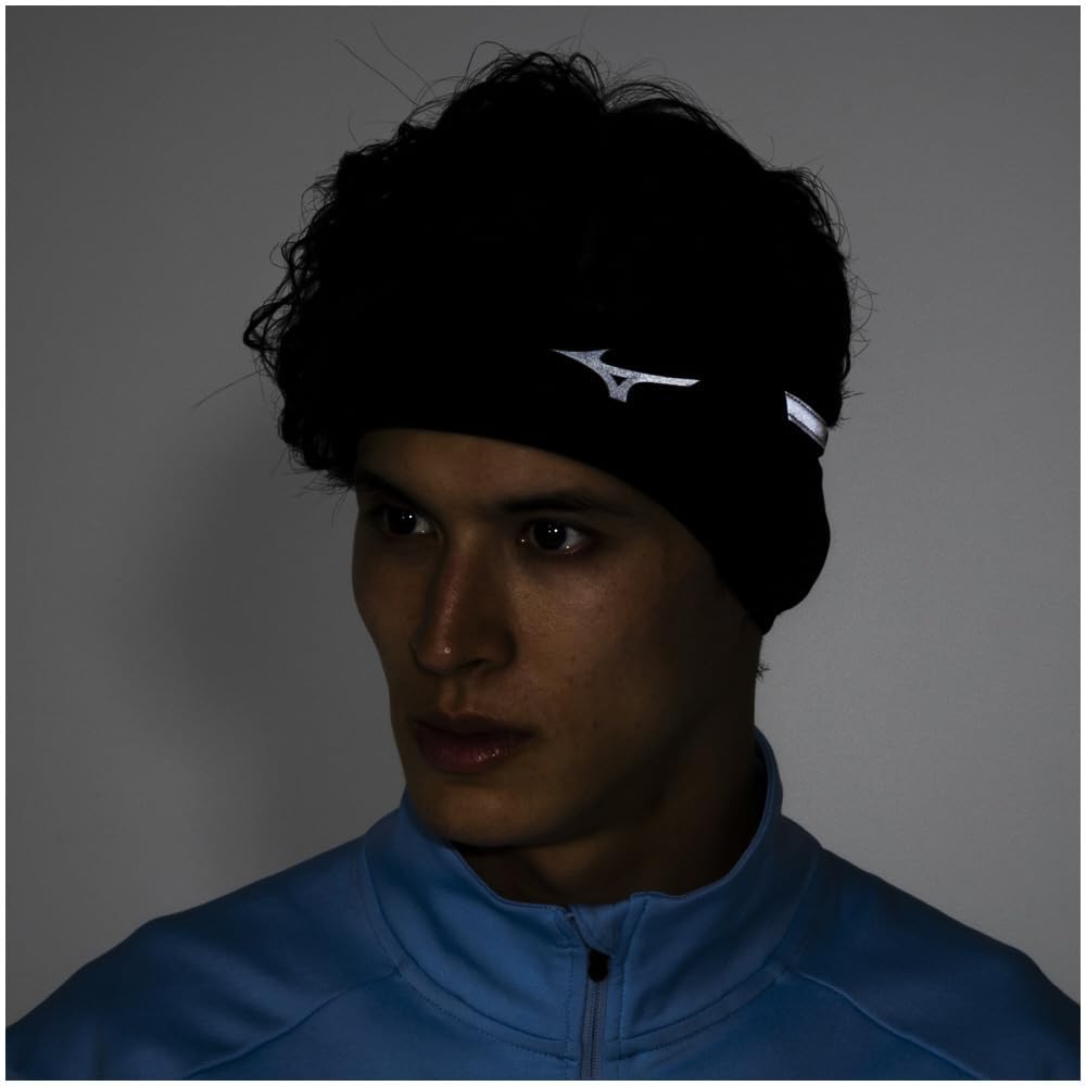 Mizuno Breath Thermo Running Reflective Black Headband, Moisture-Wicking, Heat-Generating, Cold-Weather Protection, Deodorizing, Print, J2JYB502,