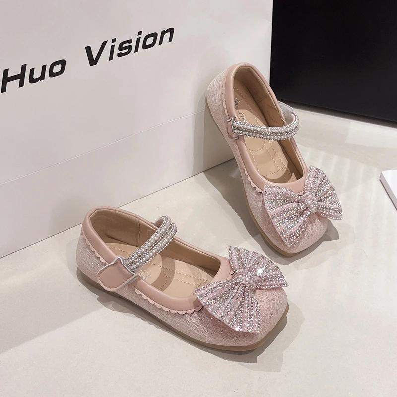 Детские кожаные туфли с блестками и бантом, туфли принцессы для девочек, милые шикарные детские повседневные свадебные туфли, неглубокие, универсальные