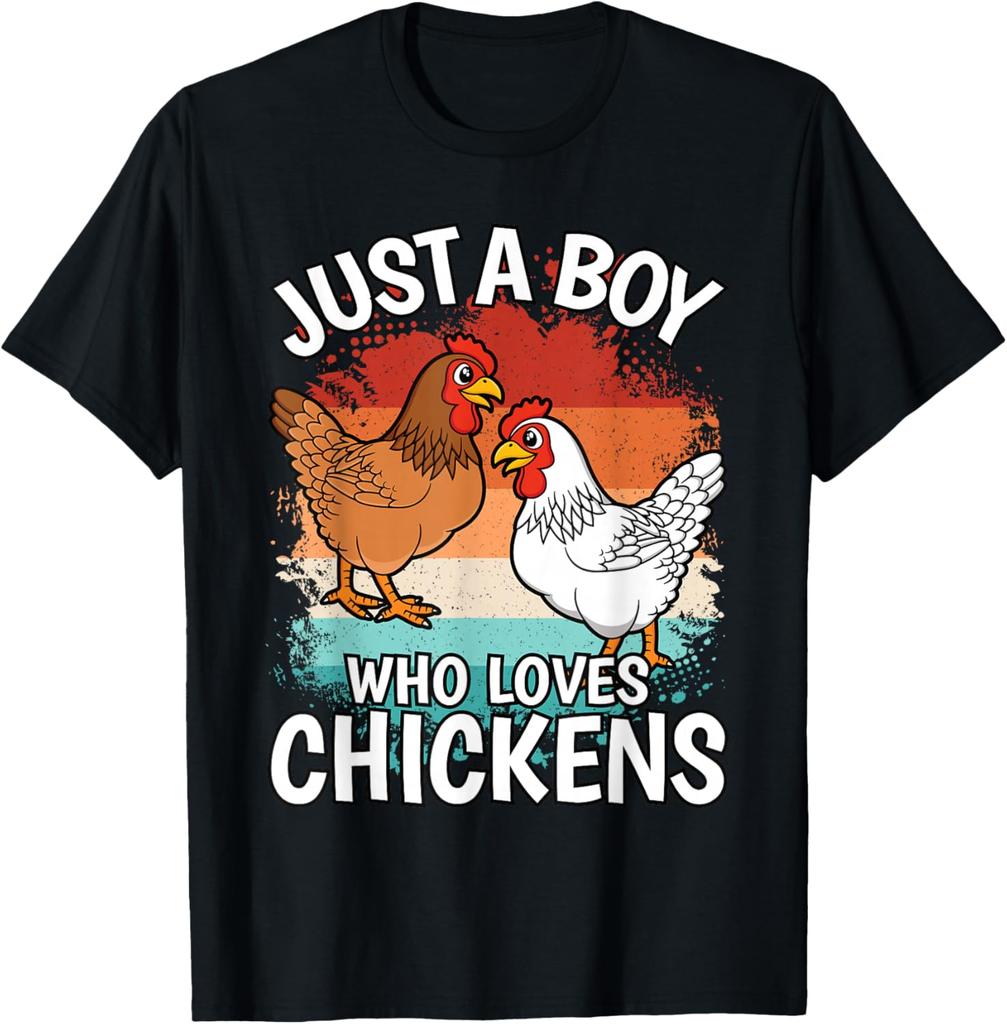 Just A Boy Who Loves Chickens Graphic Tee Retro Style Casual Cotton Short Sleeve T-Shirt for Men