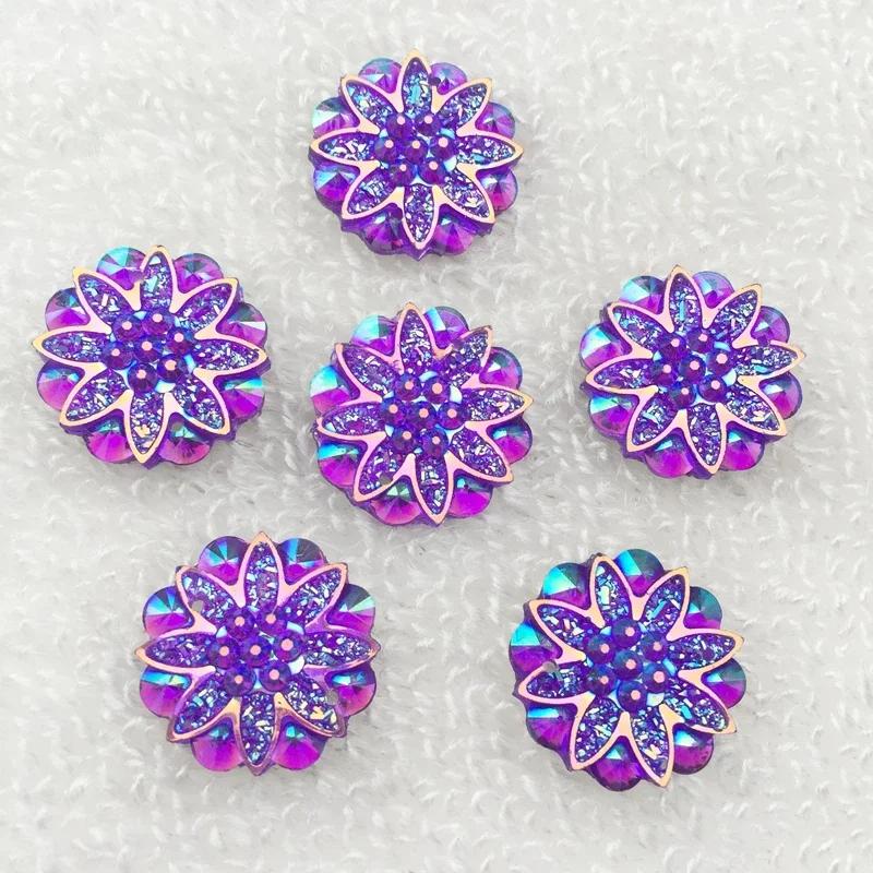 20pcs 18mm Round Flower AB Resin Crystal Strass Applique and 2 Holes Buttons for Diy Clothing - HA27