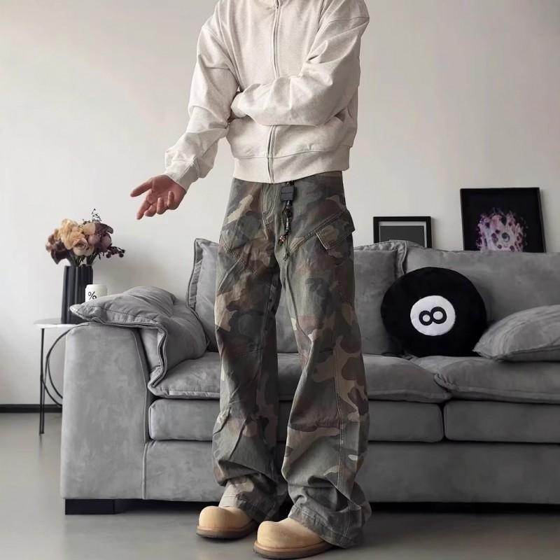 Mens Camo Cargo Straight Fit Distressed Denim Jeans Casual Workwear Pants