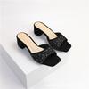 New In Summer, Square Head Suede Rhinestone Casual Thick Heel High Heel Cool Slippers Women