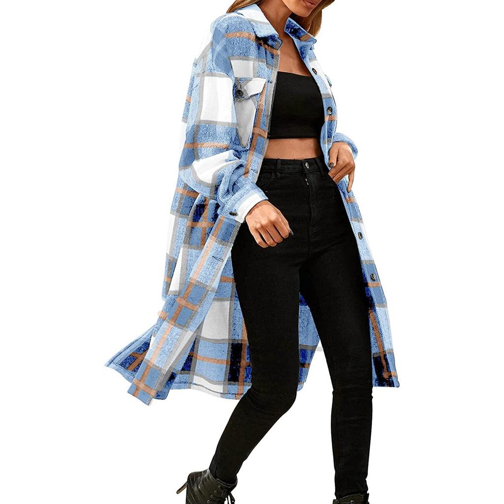 Fashion Women's Casual Loose Grinding Wool Plush Plaid Long-sleeved Jacket Overcoat