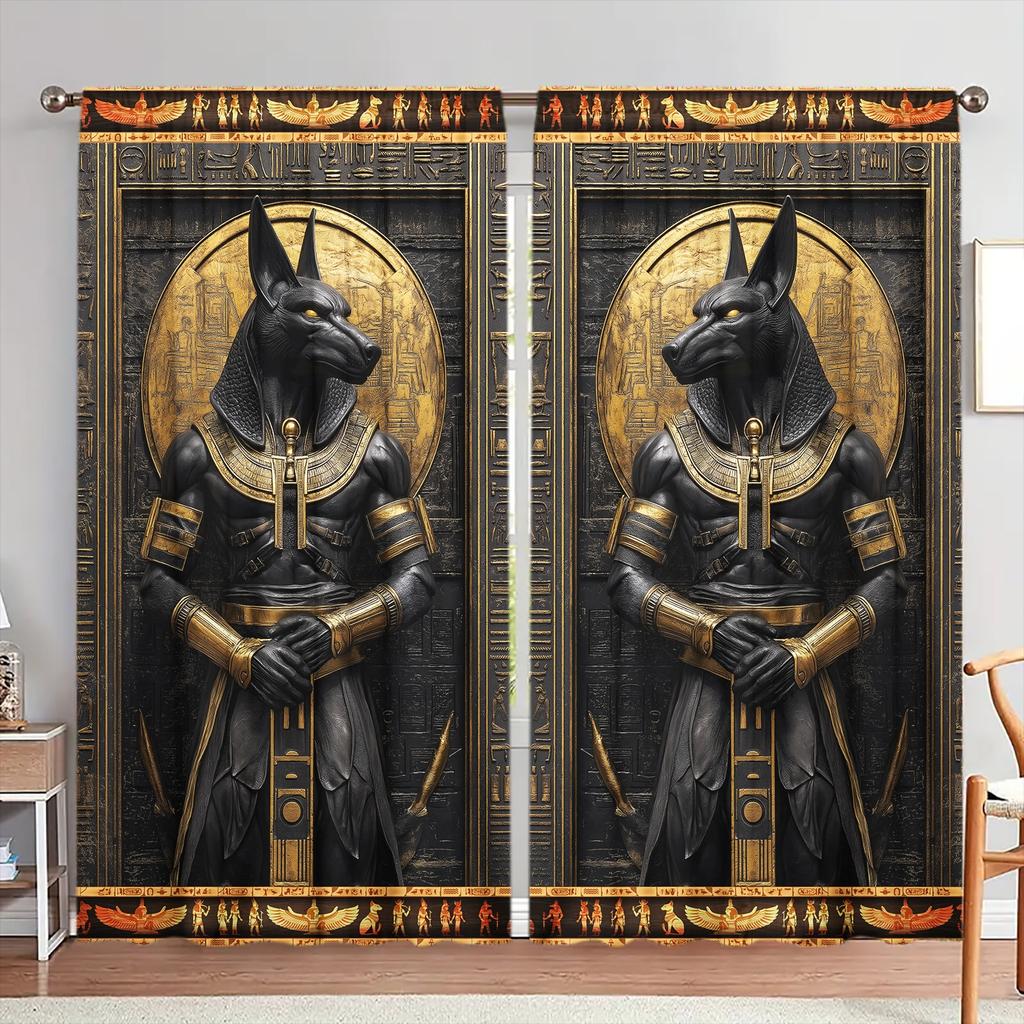 2pcs Anubis Ancient Egypt Printed Curtain - Artistic Home Decoration Curtains, All Season Decorative Curtains