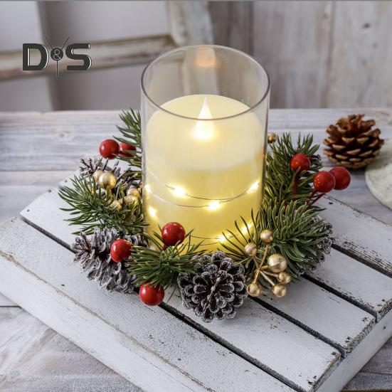 Christmas Candle Ring Artificial Pine Needle Pinecone Berries Garland Rustic Festive Candle Wreath for Home Table Centerpiece Decor