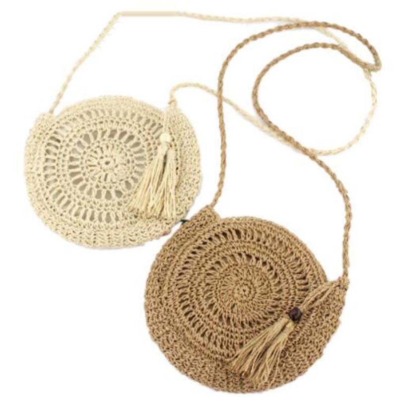 Yogodlns Round Soft Paper Rope Shoulder Bag Tassel Handmade Crossbody Bags Straw Bag Circle