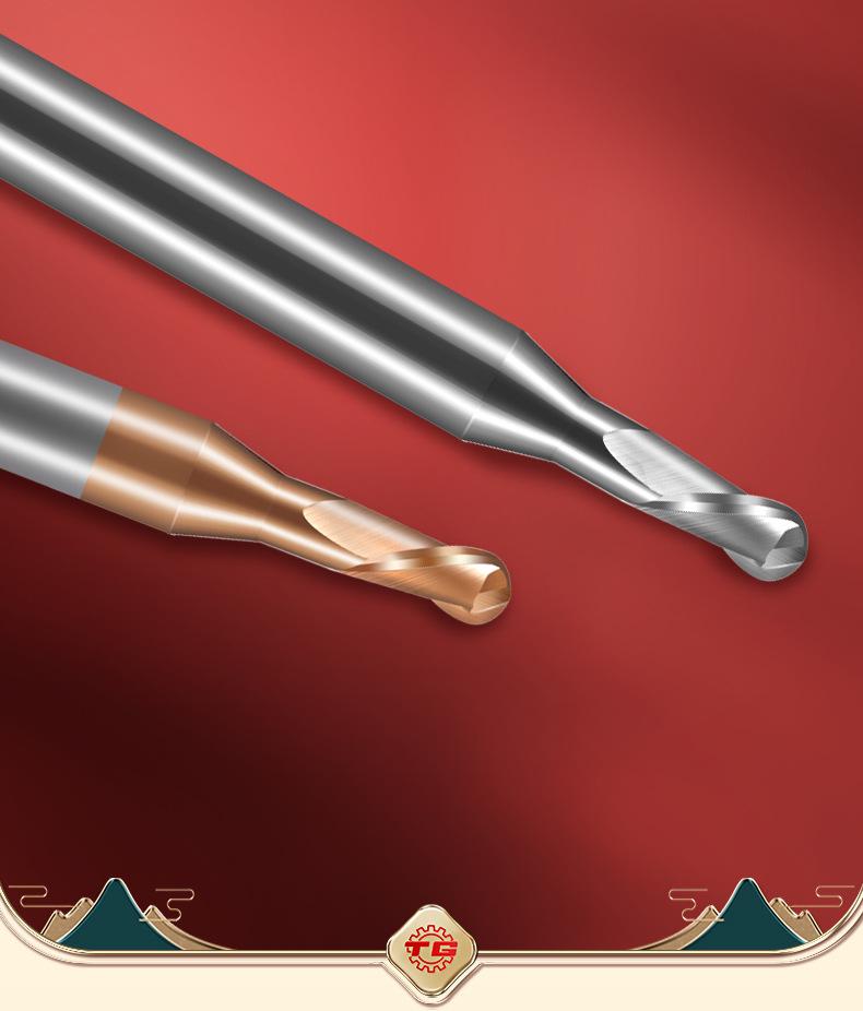 Tiangong Вольфрамовая сталь R0.5 Концевая фреза со сферическим концом 0.75 Сплавная шейка, 2 режущие кромки, 55° с покрытием, Удлиненная для глубоких пазов 1, 1.25