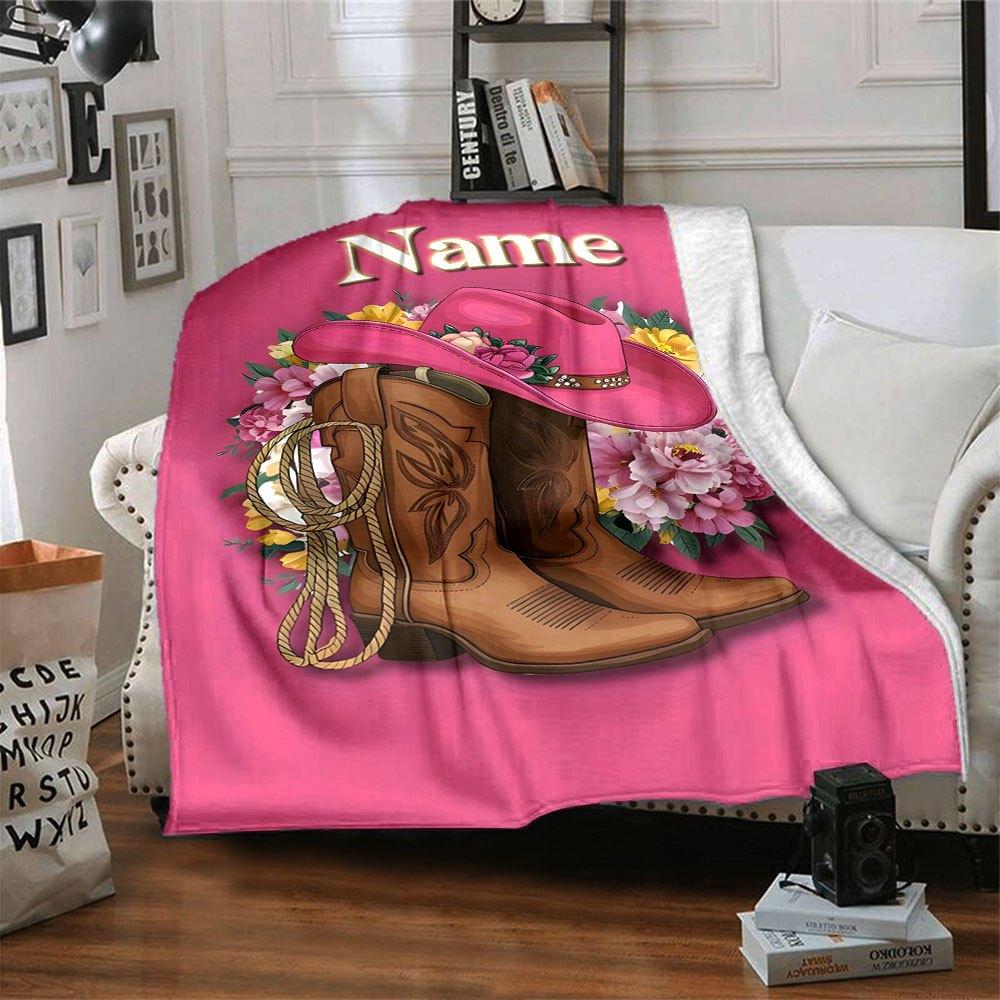 Cowgirl Boots And Hat Throw Customizable Blanket Personalized Name Soft Warm Cozy Throw For Sofa Couch Office Bed Picnics All Season Use Stylish Decor