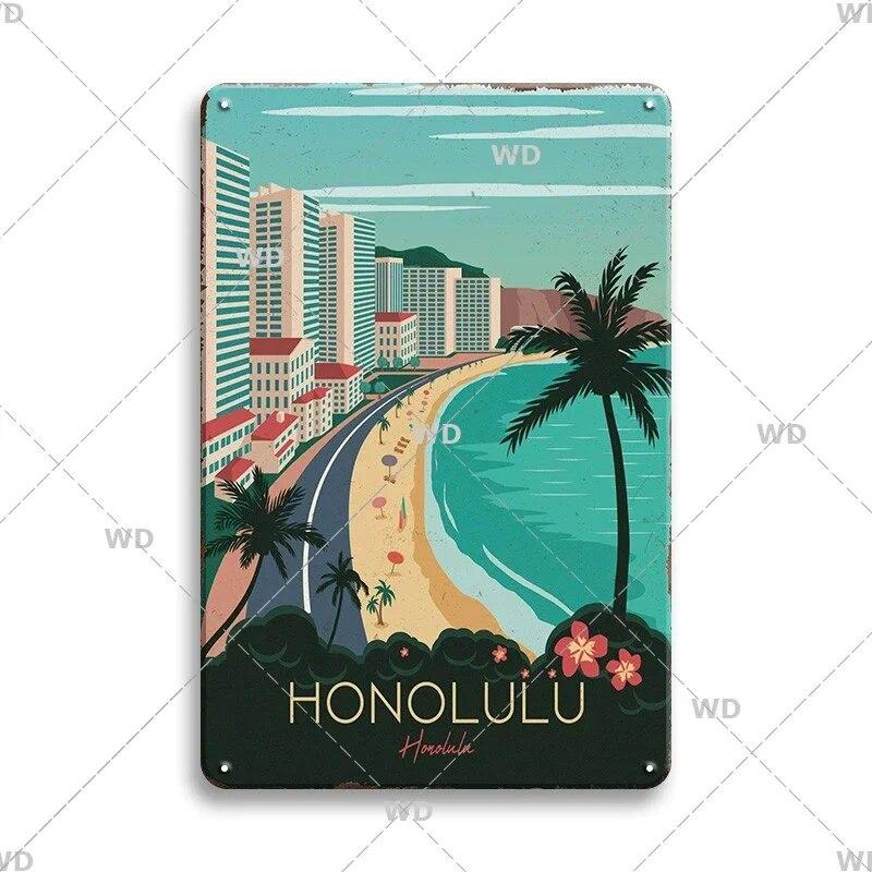 Tin Sign Landscape Paris Havana Tokyo Sydney Malibu Los Angeles Chicago City Metal Vintage Plaque Retro Decorative Plate Decor