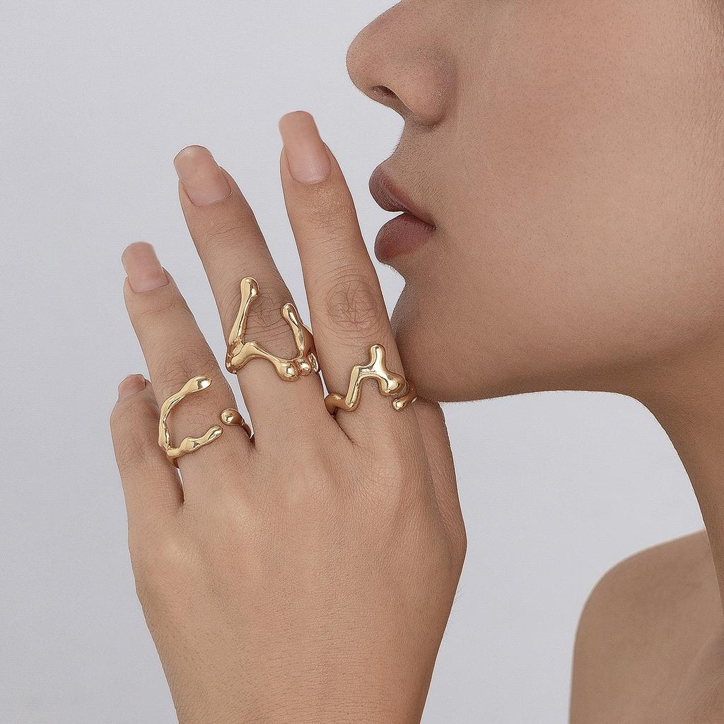 European and American Design Sense Liquid Lava Open Ring Set Women's Irregular Smooth Hollow Ring Rings