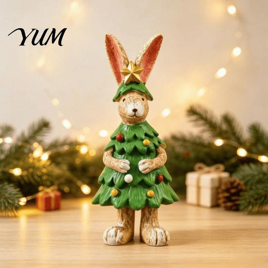 Christmas Tree Bunny Decor Rabbit Figurine, Resin Statue in Outfit with Animal Statues Star Top, Cute Holiday Tabletop for Home Bookshelf Mantel, Xmas