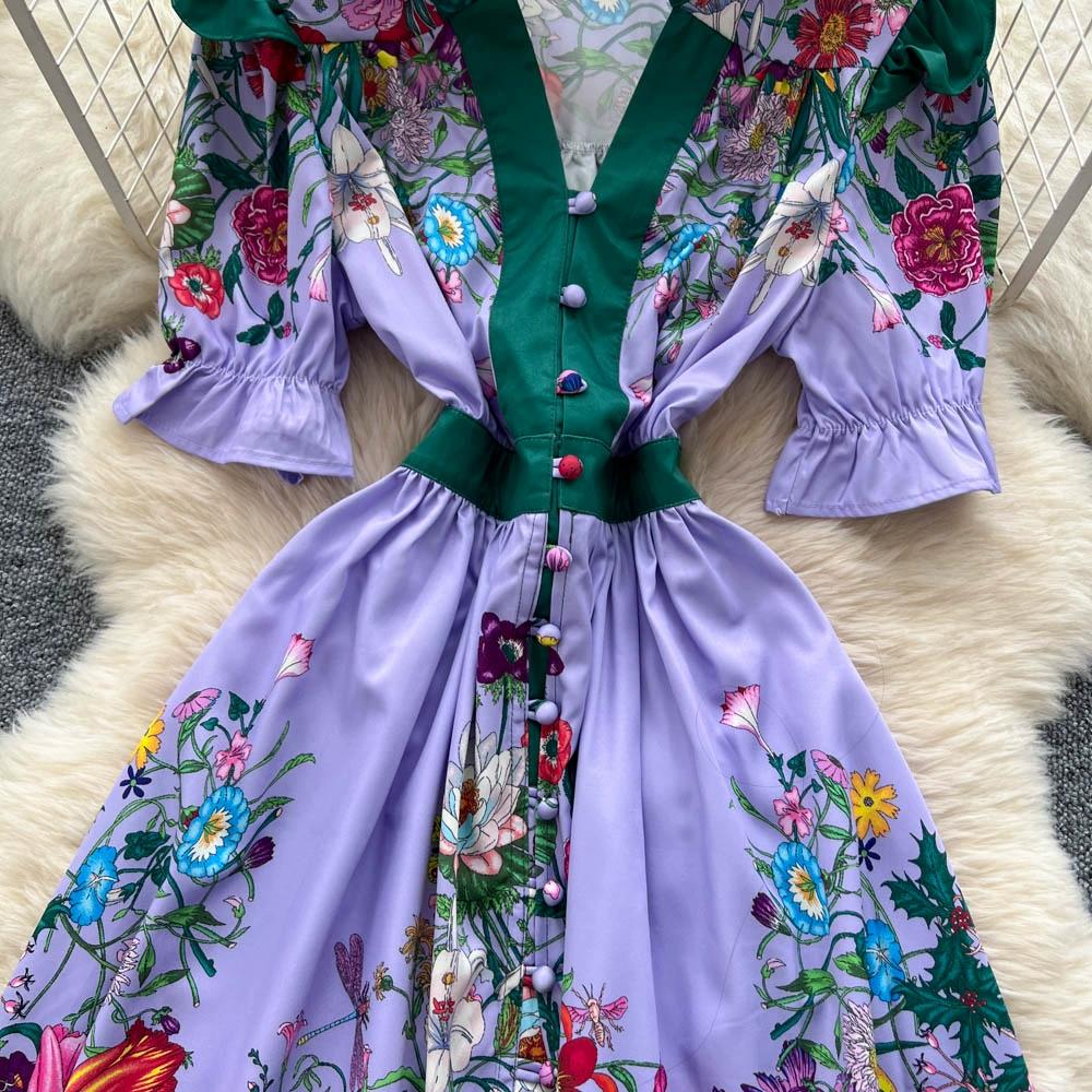 Летние женские платья с винтажным принтом, подиумные, с V-образным вырезом, на одной пуговице, мини, короткое, для вечеринки