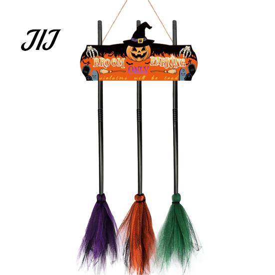Reusable Farmhouse Entrance Signs Halloween Broom Parking Sign with 3 Witch Brooms, Hocus Pocus Themed Wooden Sign, Lightweight Seasonal Hanging Props