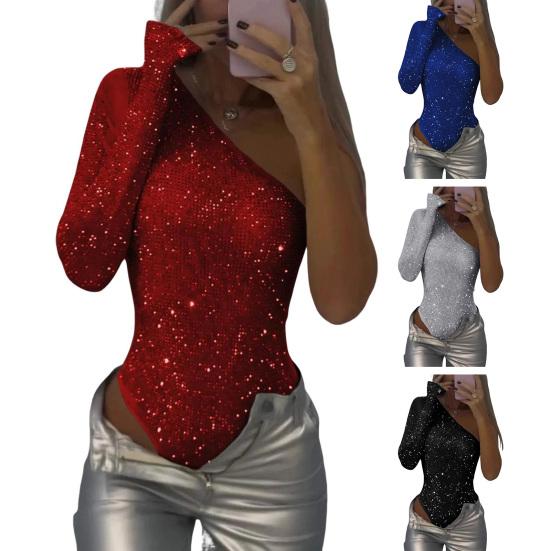 Женский сексуальный боди с пайетками, длинный рукав, одно плечо, топ-труба, комбинезон, женский облегающий цельный комбинезон для вечеринок, клубов, баров